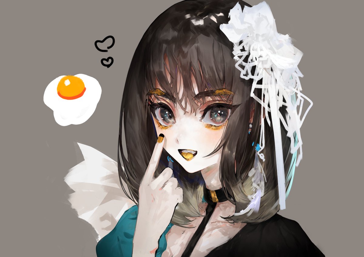 1girl solo grey background open mouth looking at viewer fried egg egg (food)  illustration images