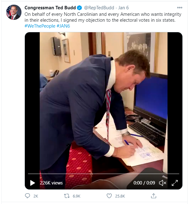 /27 On Jan 6th, Budd claims he is representing all North Carolinians who want election integrity and tweets the video of him signing his name to object to the electoral votes in six states. All the states have certified their elections. What about state rights?