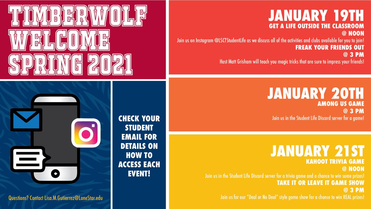 LSCTEngage's tweet photo. Welcome back Timberwolves! Let's kick off the 2021 Spring semester with a week of fun virtual activities!

January 19th - January 21st
Noon - 3pm

Check your student email for details on how to access each event. https://t.co/FWh4DA5CgN