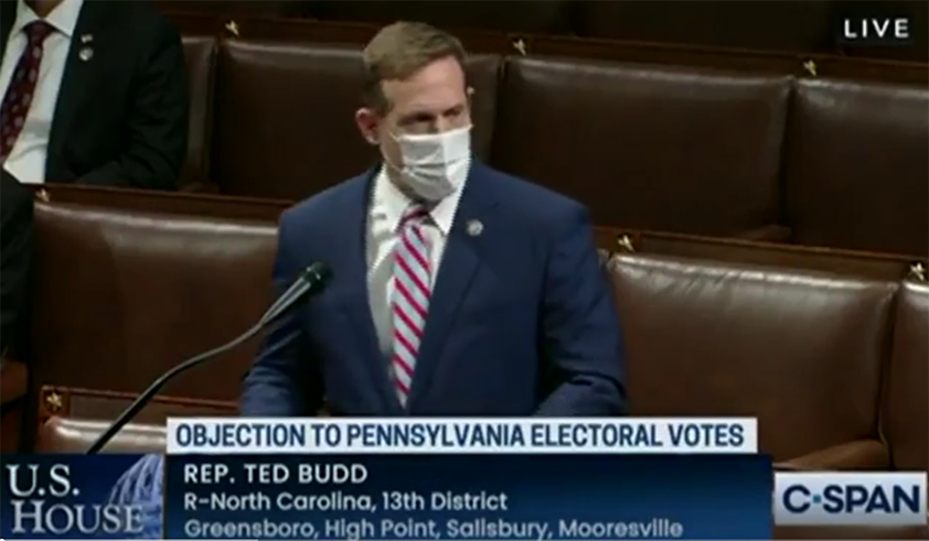 /30 - On Jan 6th, Budd continues his seditious behavior. Addresses Congress. Objects to the votes cast in another state. Claiming a violent mob will not stop him from giving voice to North Carolinians who believe his lies of Election Fraud.  #ComeOnTed What reality do you live in?