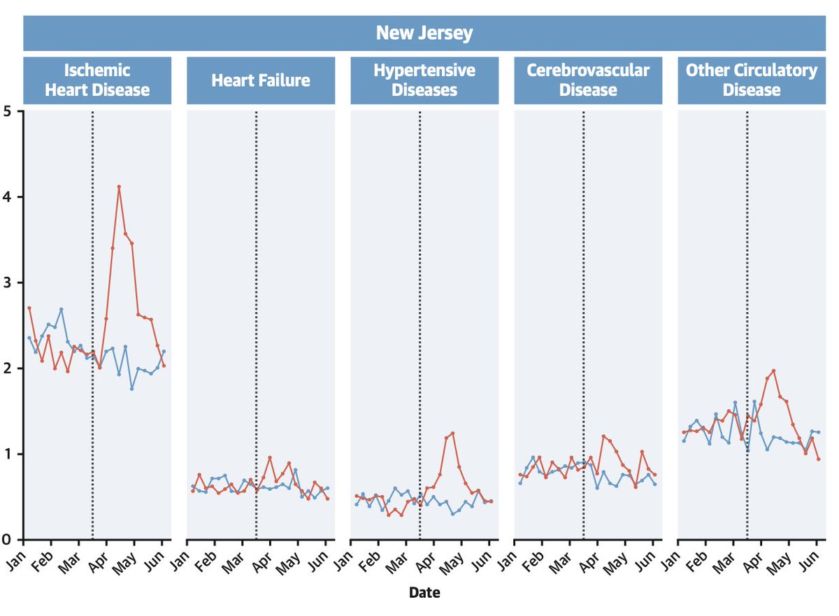 These  primarily occurred in areas that experienced the initial surge of  #covid19 casesIn NYC, deaths due to ischemic heart disease  2-fold. New Jersey, Michigan, and Illinois also experienced  deaths due to ischemic heart & hypertensive diseases. 3/