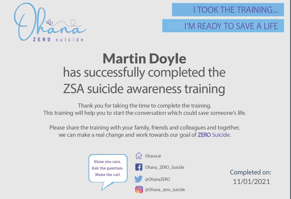 Murt (@martin_doylee) on Twitter photo You never know when you may come across someone in need. A good free course on suicide awareness and it only takes 20 minutes <a href="/ohanazero/">Ohana ZERO suicide</a> You never know when you may come across someone in need. A good free course on suicide awareness and it only takes 20 minutes <a href="/ohanazero/">Ohana ZERO suicide</a>