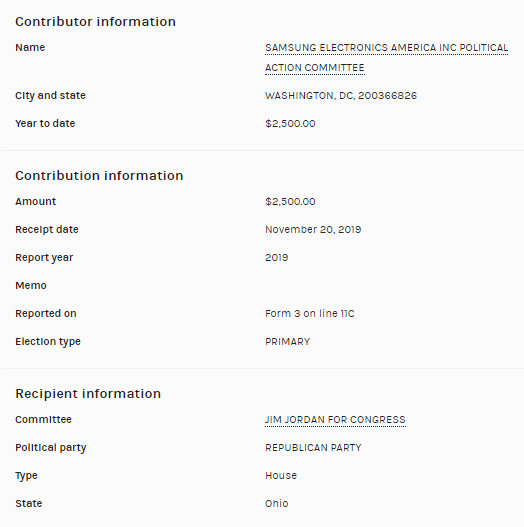 The PAC for  @Samsung gave $2,500 to  @Jim_Jordan this cycle.They did not respond to  @JuddLegum when he asked if they would cease donations to congressmembers who objected to the Electoral College certification. https://popular.info/p/three-major-corporations-say-they