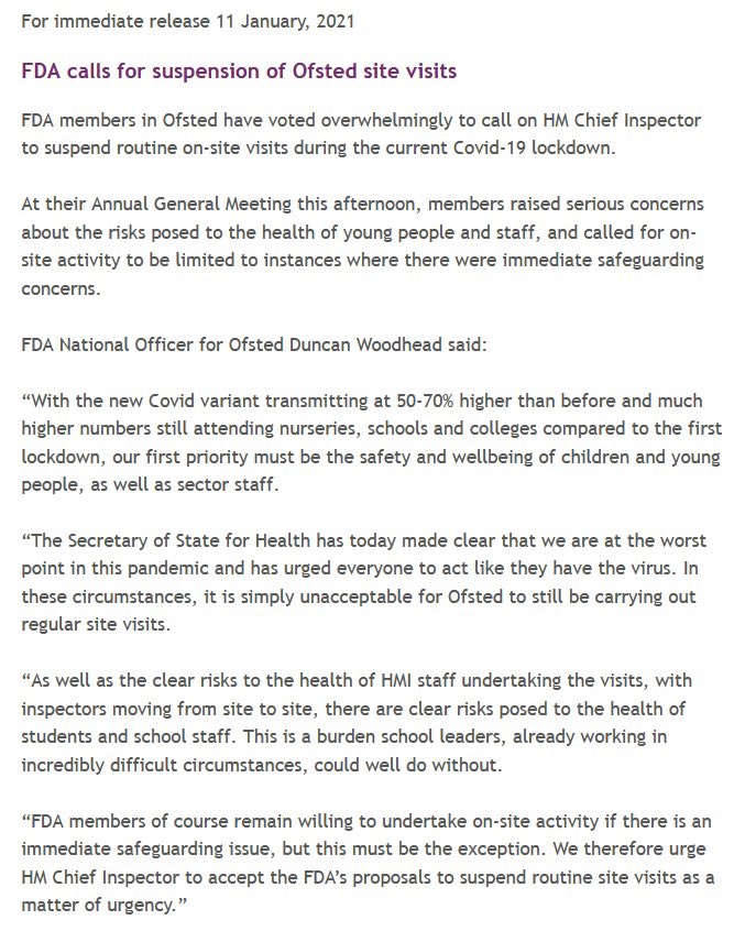 “Our first priority must be the safety and wellbeing of children and young people, as well as sector staff.”

FDA National Officer Duncan Woodhead on our call for Ofsted to suspend regular site visits: