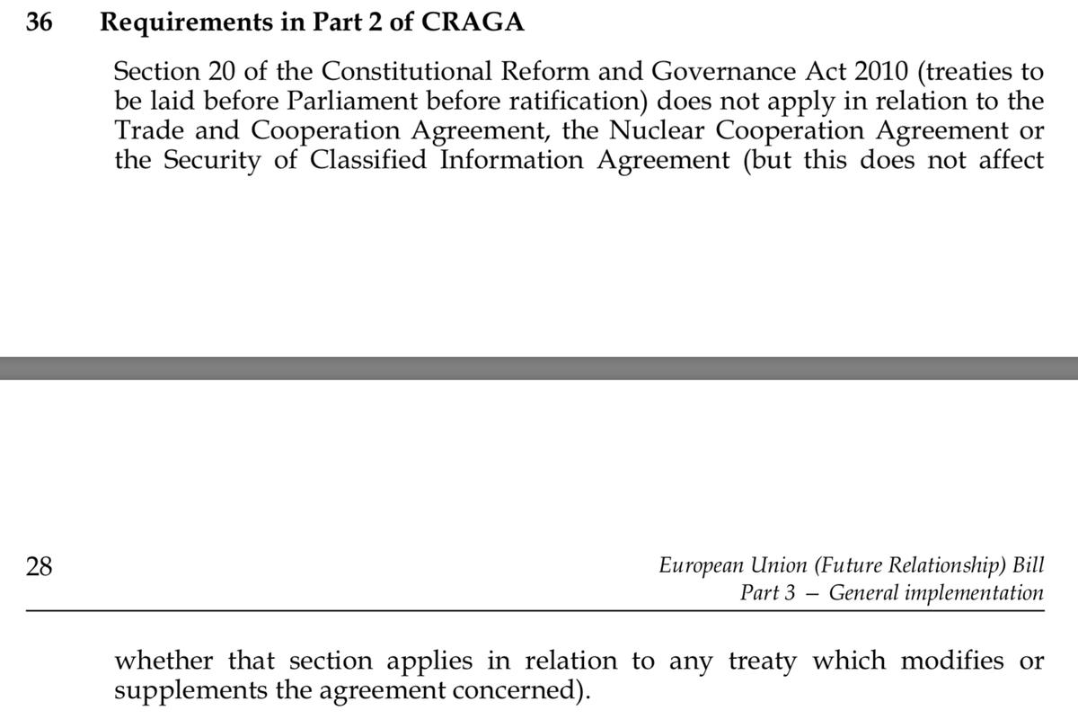 The implementing legislation on the UK side is the EU (Future Relationship) Bill. S. 36 of the bill misapplies CRaG scrutiny. So scrutiny on the UK side was Parliament passing the implementing legislation. /4