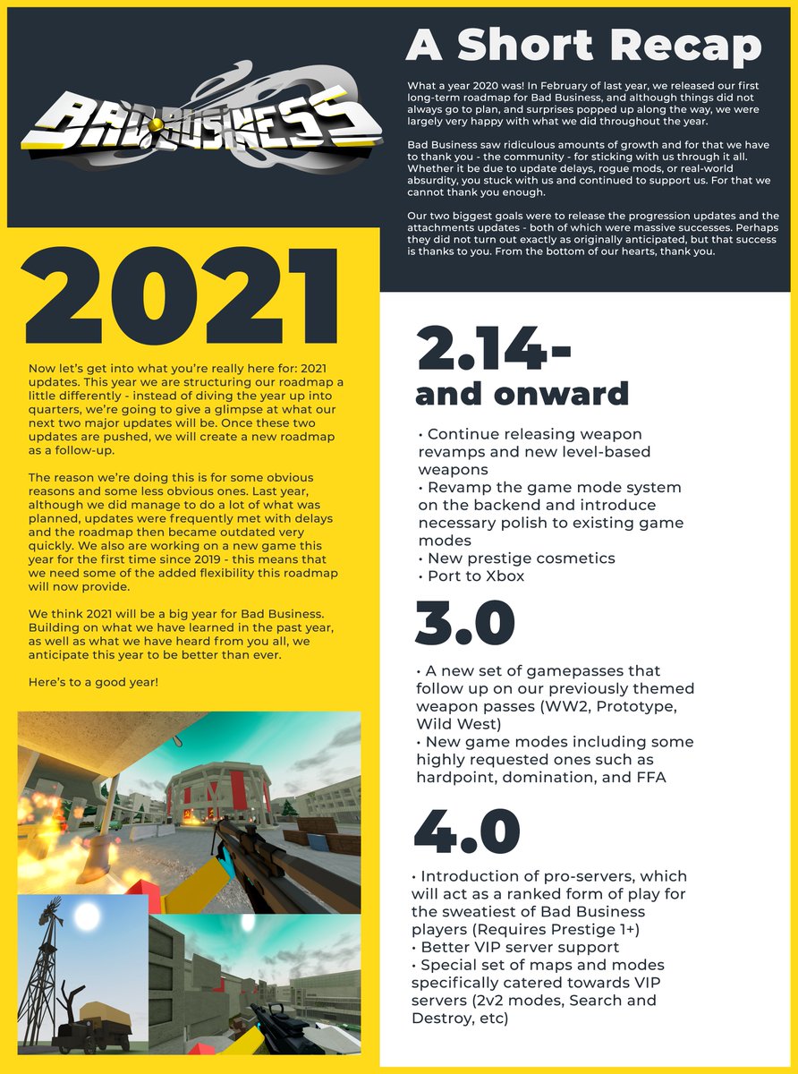 Team Rudimentality On Twitter 2021 Bad Business Roadmap Is Here Thank You To Everyone Who Stuck With Us Throughout 2020 And Supported Us Through All The Craziness We Cannot Wait To - 2021 bad business roadmap the next major roblox update Team Rudimentality On Twitter 2021 Bad Business Roadmap Is Here Thank You To Everyone Who Stuck With Us Throughout 2020 And Supported Us Through All The Craziness We Cannot Wait To - the next major roblox update