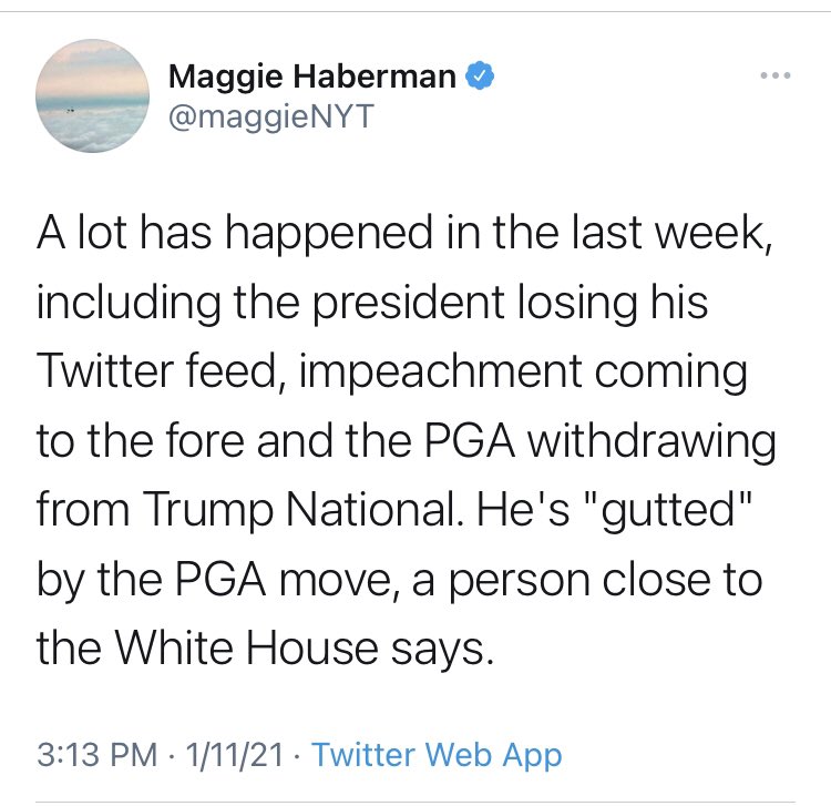 114/  @maggieNYT quotes someone close to the WH that Trump feels “gutted” by recent action.This quote can be any of dozens of people and it can be made up by the source and/or there is no source since the item is common sense to have happened (and makes no diff even if true).