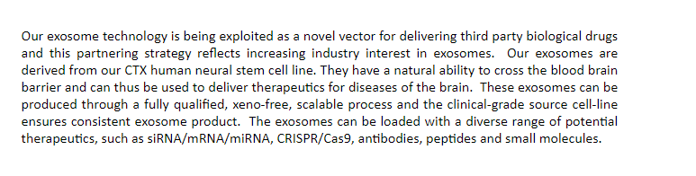 So,  #RENE may have what may be one of the Next Big Things: a platform for the cutting edge of genetic medicine - the comp lives off that alone. In English, they use "exosomes" to try to get mRNA and CRISPR molecules past the blood-brain barrier into the brain. See below