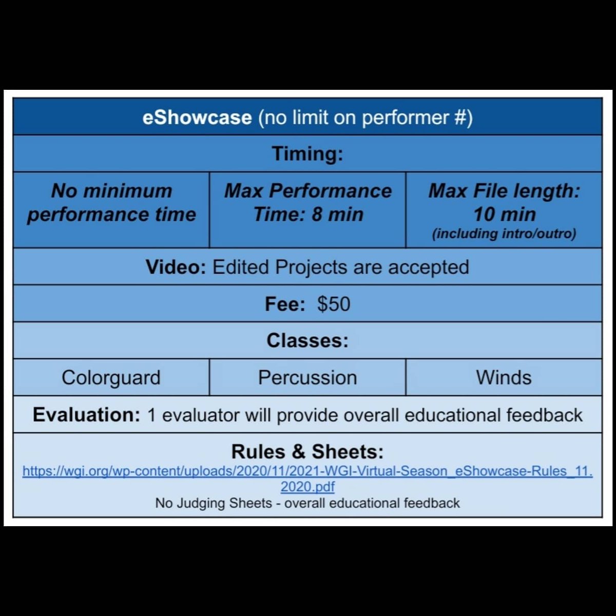 AIA's virtual 2021 season will offer several performance opportunities for anyone interested in participating!  Solos, small ensembles, group competitive, group non-competitive, and eShowcase options are all available for performers and units to choose from!