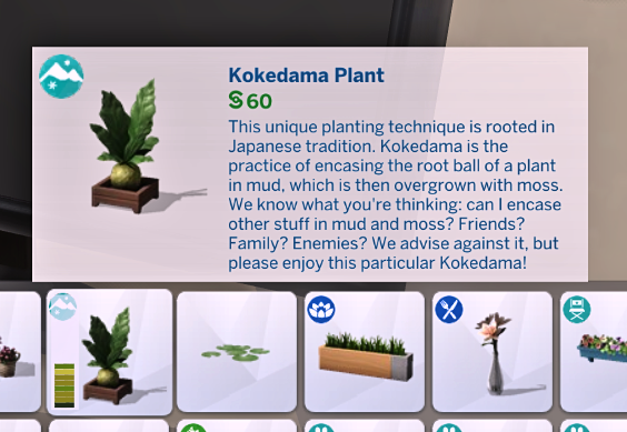 SimsMomChelle's tweet photo. @SimGuruNick Is the team aware of the graphic issue with the Kokedama Plant from Snowy Escape? It looks like really bad CC. #TheSims4 @TheSims #BugReport #SnowyEscape https://t.co/SyHL3xbFKl