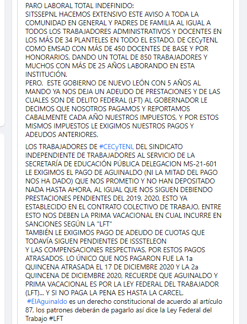 ms21601's tweet photo. PARO LABORAL TOTAL INDEFINIDO:
SITSSEPNL HACEMOS EXTENSIVO ESTE AVISO A TODA LA COMUNIDAD EN GENERAL Y PADRES DE FAMILIA AL IGUAL A TODOS LOS TRABAJADORES ADMINISTRATIVOS Y DOCENTES EN LOS MÁS DE 34 PLANTELES EN TODO EL ESTADO, DE CECyTENL COMO EMSAD https://t.co/Q5XuawxL2K