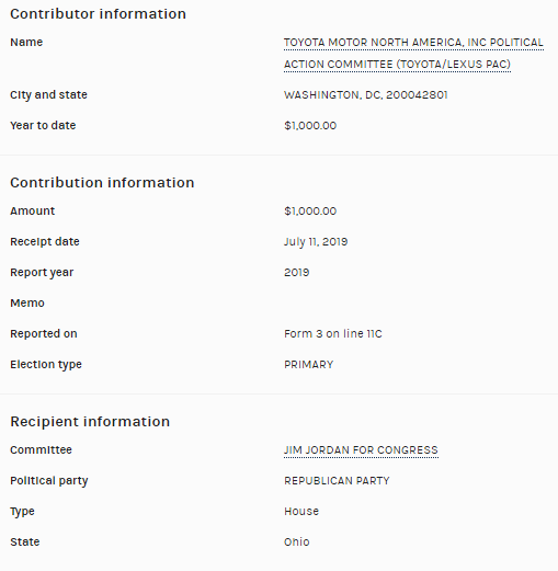 The PAC for  @Toyota gave $1K to  @Jim_Jordan this cycle. @ToyotaMotorCorp did not respond to  @JuddLegum when he asked if they would cease donations to congressmembers who objected to the Electoral College certification. https://popular.info/p/three-major-corporations-say-theycc:  @ToyotaCustCare
