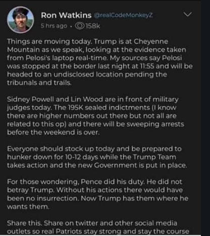 AGHamilton29's tweet photo. So I saw the insane post on the right going around a few days ago. It originated on Parler and quickly got tens of thousands of shares among Q people who fully believed it.

Now comes the update on the right. The person behind the account explained he made it up as an experiment. https://t.co/7chW8aQUTw