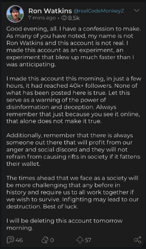 AGHamilton29's tweet photo. So I saw the insane post on the right going around a few days ago. It originated on Parler and quickly got tens of thousands of shares among Q people who fully believed it.

Now comes the update on the right. The person behind the account explained he made it up as an experiment. https://t.co/7chW8aQUTw