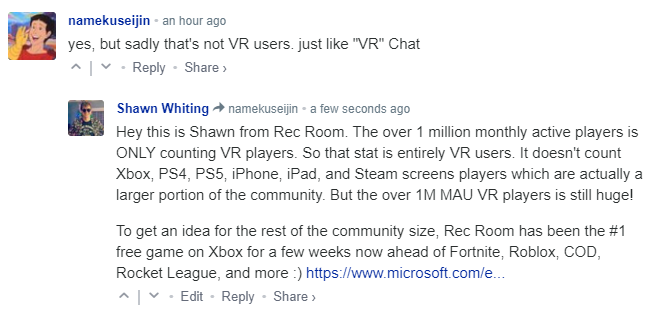 Shawn Whiting on X: The Rec Room 1M MAU stat is ONLY VR players