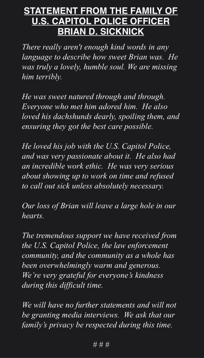Statement from the Family of U.S. Capitol Police Officer Brian D. Sicknick:
