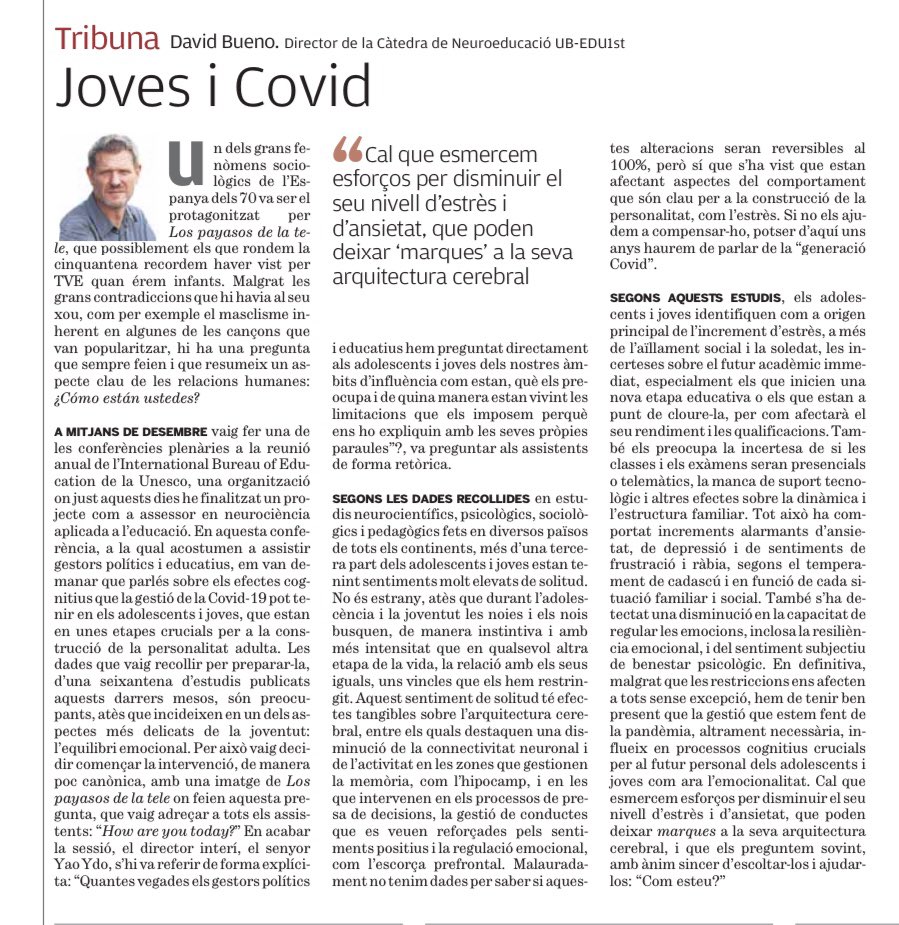 JosepMVilalta's tweet photo. Conseqüències psicològiques i socials de la crisi de la Covid entre els joves i adolescents, interessants reflexions d'en David Bueno @DavidBueno33 @elpuntavui @xevi_xirgo @coralregi @InstInfancia @PepeMe  @AnnaJolonch @eponsf  @subirats9 @jlmarti2025 https://t.co/kqtJW82Nrd