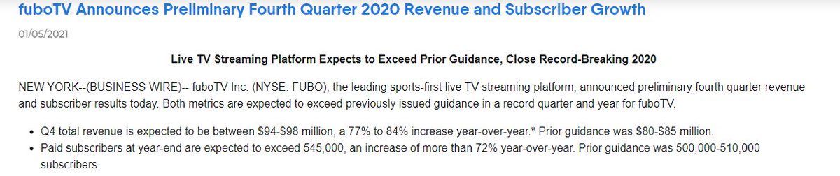 Subscription Numbers:-  $FUBO subscribers are the funnel to the eco system (similar to  $ROKU selling hardware devices).- 545k subscribers as of Dec 2020 (previous forecast 500 - 510k) - 72% YoY-  $FUBO is under promising and over delivering (essential in a story stock)