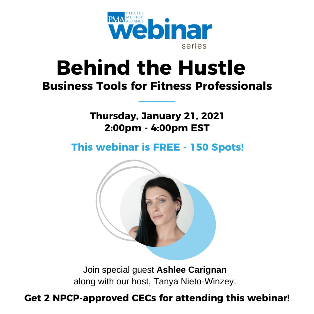 FREE webinar: Behind the Hustle - Business Tools for Fitness Professionals with guest speaker Ashlee Carignan.

➡️ When: Thursday, January 21, 2021 - 2:00-4:00 PM EST

➡️ Register here: bit.ly/FREE-PMAWebina…

#pilatescommunity 
#pilatesfreewebinar
#pilates