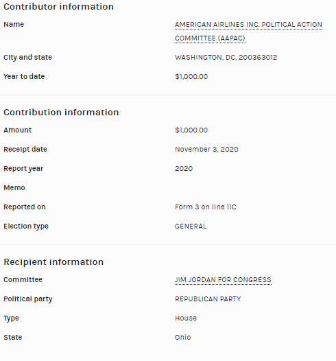The PAC for  @AmericanAir gave $1K to  @Jim_Jordan this cycle.They did not respond to  @JuddLegum when he asked if they would cease donations to congressmembers who objected to the Electoral College certification. https://popular.info/p/three-major-corporations-say-they