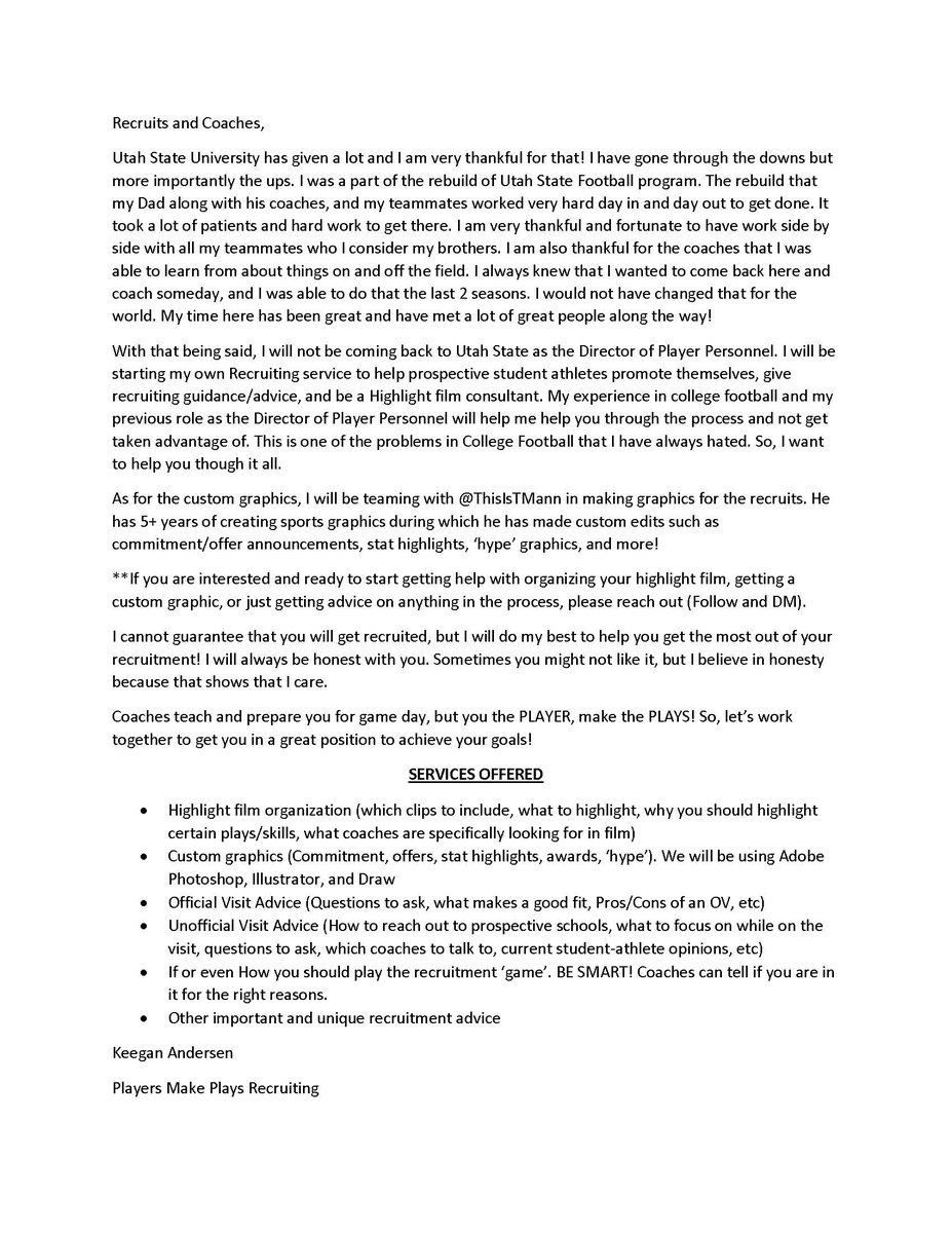 **🔴ANNOUNCEMENT🔴**
Recruits and Coaches, 
I am proud to announce Players Make Plays Recruiting. If you have any questions or need more info let me know. <a href="/ThisIsTMann/">Trevor Mann</a> and I are excited to help kids get recruited! 

Please read the following document listed below