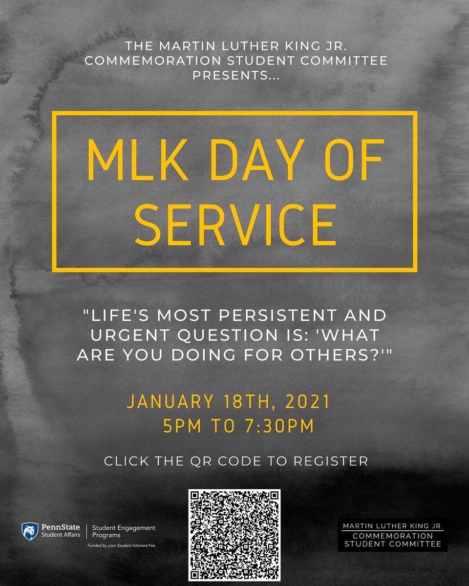 PSU_MLK's tweet image. We are very excited to announce our events for the 2021 MLK Jr. Student Commemoration! Starting off with our Annual MLK Day of Service! There is no other place to be on January 18th!