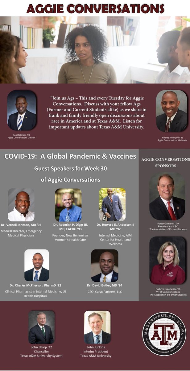 AggieNetwork's tweet photo. Register for 2021's first "Aggie Conversations" set for Tuesday, which features a COVID-focused discussion with Aggie doctors, at https://t.co/DWsw0cW4bj. https://t.co/UPlUJsowdN