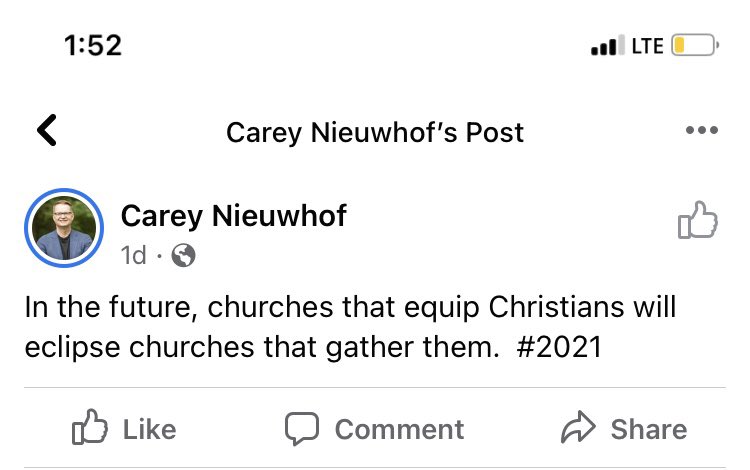 This is misleading in two ways. First, you can’t fully or even adequately equip Christians without gathering them, and well-equipped Christians will, by nature and by inexorable longing, gather with other Christians. (1/2)