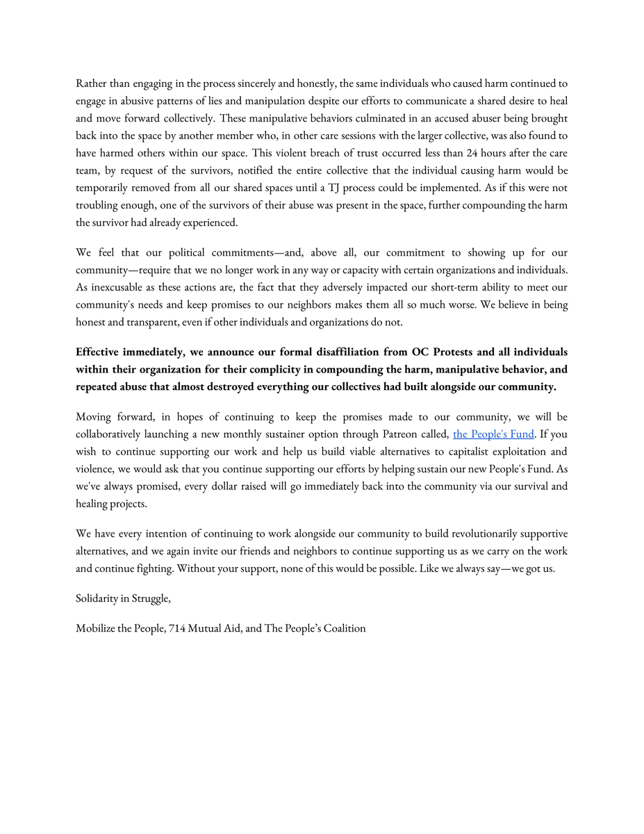 TW//CW references of sexual misconduct, sexual assault, and abuse.

The following statement was written at the request of and with direct oversight from the survivors. It is co-signed by members of <a href="/MOBILIZETHEPPL/">Mobilize The People</a>, 714 Mutual Aid, and <a href="/thepeoplesco_/">The People's Coalition</a>.
