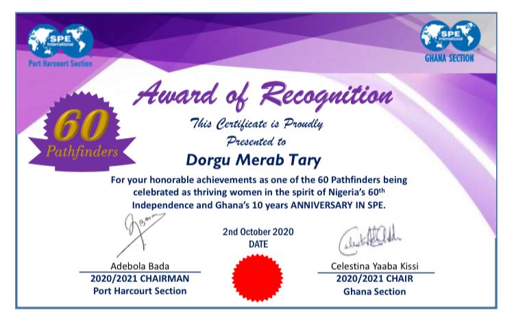 UnicalSpe's tweet photo. Good news everyone!!
  Last year, one of ours was nominated for SPE 60 Pathfinders in celebration of Nigeria's 60th independence and GUESS WHAT?!! She was selected as one of the 60 women nominated to receive this prestigious award of recognition! Congratulations @Merab_tary!! https://t.co/iqoqTcwKq9