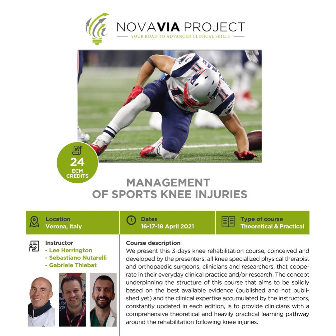 NovaviaProject's tweet photo. 💥 “Management of Sports Knee Injuries” with @leehphysio (UK), @SebNutarelli (SUI/ITA), Gabriele Thiebat (ITA) &amp; #NOVAVIA Project

📆 16-17-18/04/2021 - VERONA 🌎
🌐 REGISTRATIONS ARE OPEN ONLINE https://t.co/PLz2DXxYeU

It's a #newway, anyway 🛣️ https://t.co/9Yb5be6Myx
