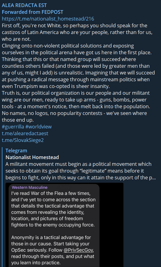 STARCHAIN6's tweet photo. #MagaViolence #FashAlert @telegram
"Truth is, our political organization is our people &amp; our militant wing are our men, ready to take up arms - guns, bombs, power tools - at a moment's notice, then melt back into the population. No names, no logos, no popularity contests" https://t.co/GgKDfT0puk