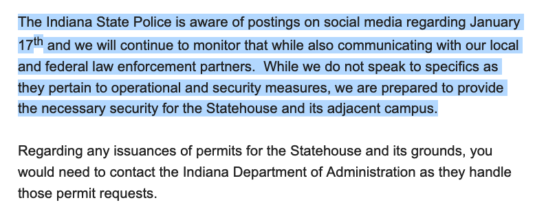 Pence's home state: "The Indiana State Police is aware of postings on social media regarding January 17th and we will continue to monitor that while also communicating with our local and federal law enforcement partners."