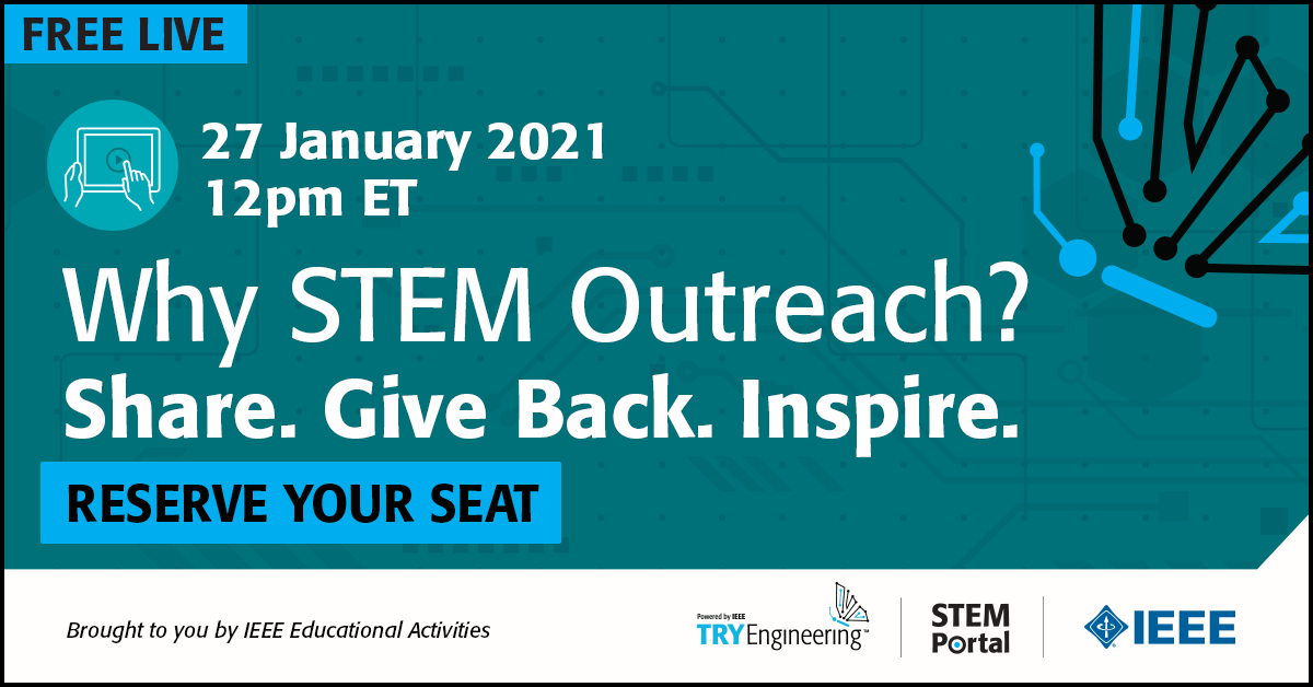 IEEETEC's tweet photo. Join IEEE TryEngineering on 27 January at 12pm ET to hear from a panel of volunteers as they share their own experiences with STEM Education, new resources like the upcoming STEM portal and more. Register today! #TryEngineering #STEMPanel #STEMEducation https://t.co/MIzW5aUJUe https://t.co/KejY6REJ7y