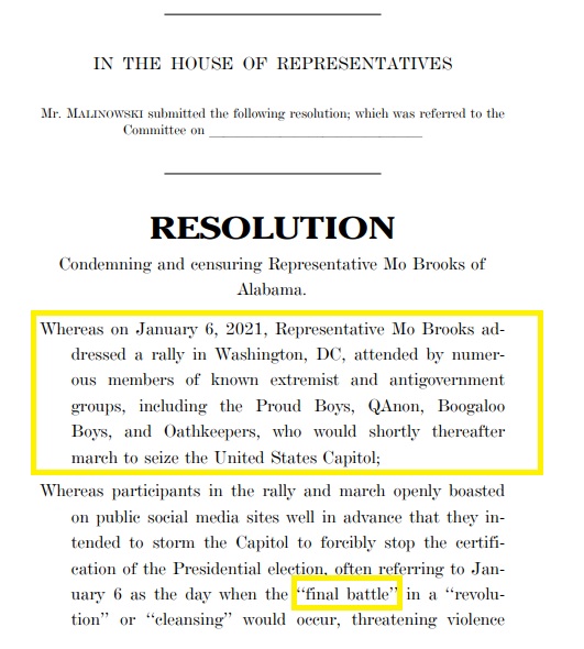 MacFarlaneNews's tweet photo. NEW:   US House Democrats introduce resolution to formally censure REP. MO BROOKS (R-AL) for "inciting violence" in speech Jan 6 at White House rally https://t.co/0byP8Zktv6