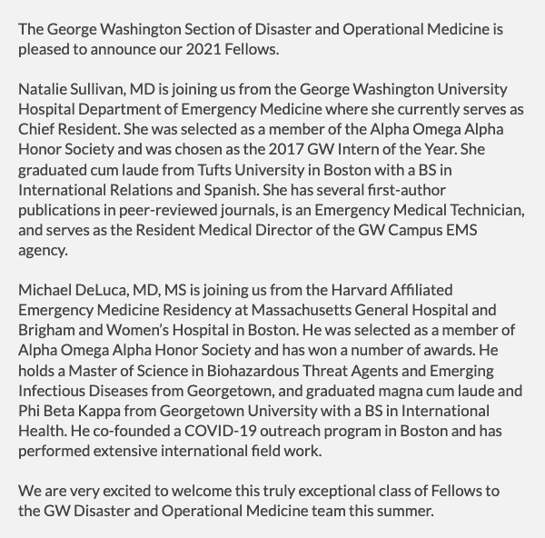 DrPhillipsMD's tweet photo. Announcing our 2021 GW Disaster and Operational Medicine Fellowship class: Dr. Natalie Sullivan and Dr. Michael DeLuca were our top choices from the largest and most talented group of applicants in our history, and we are very proud to have the opportunity to train them. @GWSMHS https://t.co/vvt731JfAP