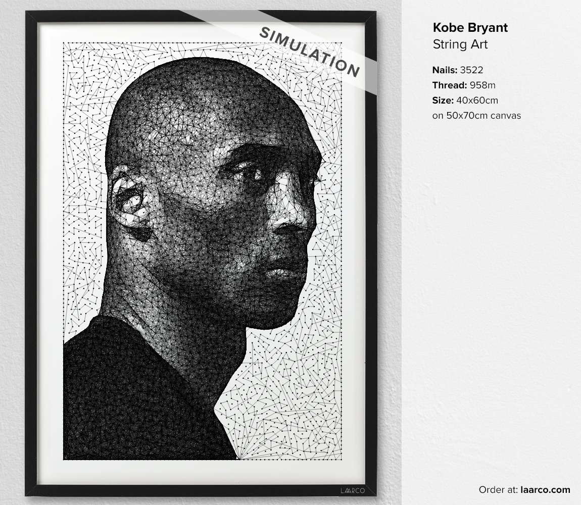 LaarcoStudio's tweet photo. Kobe Bryant (String Art Simulation)

3522 nails, 958m of thread. 

https://t.co/wUMmVwiuJJ

Before we send a piece for printing, we work with a computer-generated simulation. It shows the position of the nails and how the thread will look like.

#kobe #KobeBryant #stringart https://t.co/FtATf7luf3