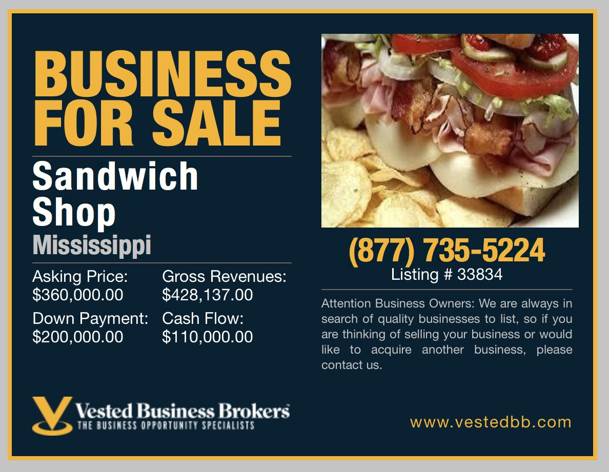 Vestedbb's tweet image. BUSINESS FOR SALE: SANDWICH SHOP  

Family owned Sub &amp;amp; Grill Shop in popular South Haven, Mississippi. 

- Delivery &amp;amp; online ordering. 
- Massive lunch business.
- Family centric atmosphere.

For more information on this listing, contact Marc Whirl at 423-320-5832. #forsale