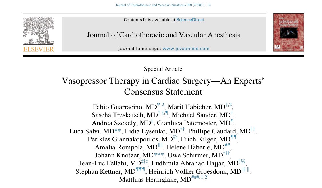 📌Consenso de uso de Vasopresores en Cirugía Cardiaca🫀

1️⃣Cuál⁉️
❌Dopa
✅Nora y/o vasopresina ↢👌🏻

2️⃣Dosis, momento ideal de inicio &amp; suspensión⁉️
✅Uso temprano de 2do vasopresor
✅Primero destetar nora

Vía <a href="/JCVAonline/">Journal of Cardiothoracic and Vascular Anesthesia</a>

#CardioEd #CardioTwitter #MedTwitter