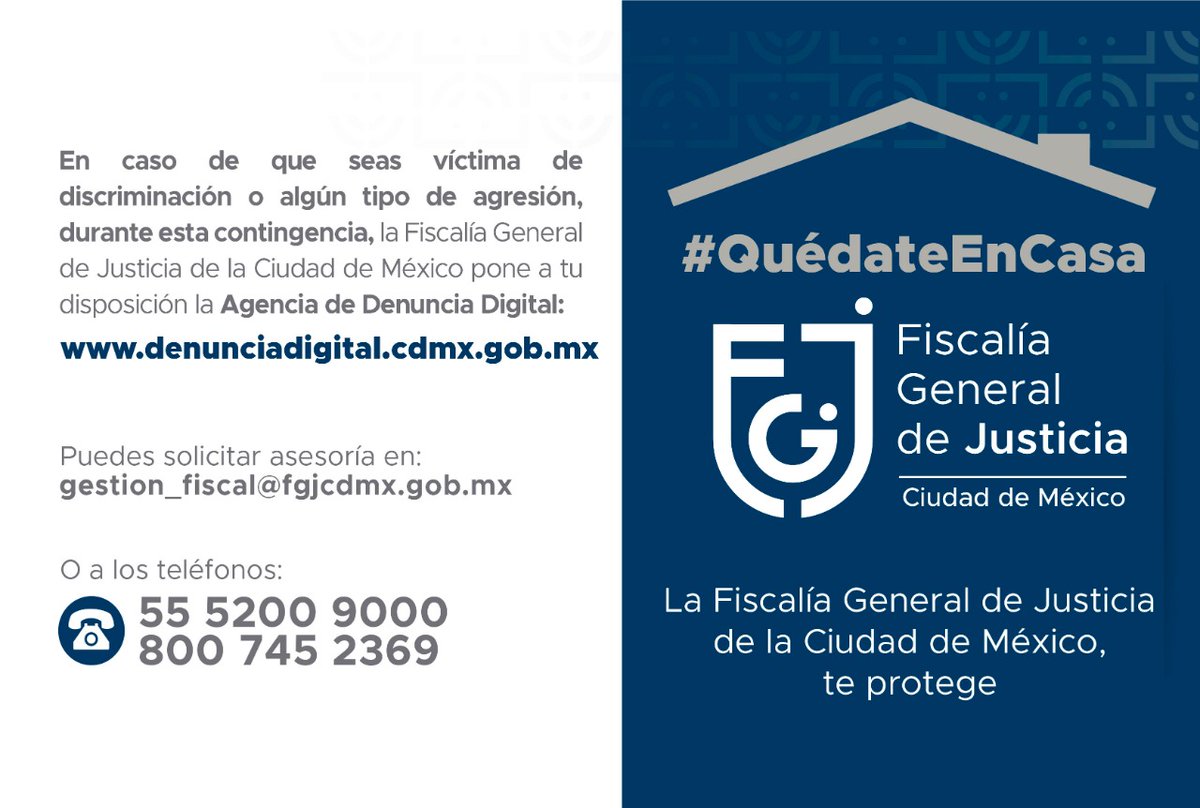 En caso de que seas víctima de discriminación o algún tipo de agresión, durante esta contingencia, la #FGJCDMX pone a tu disposición la Agencia de Denuncia Digital: denunciadigital.cdmx.gob.mx
