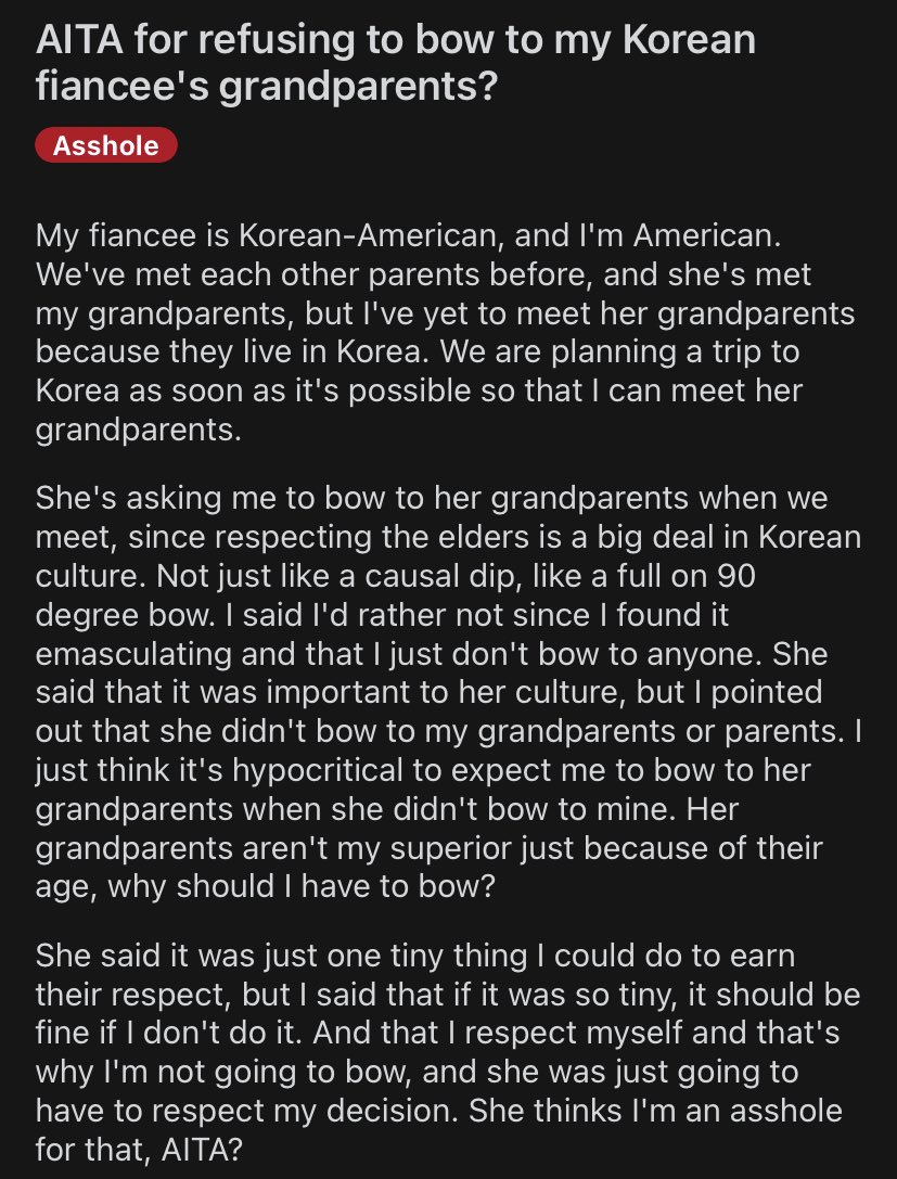 Ladies if you’re dating a white man that can’t even bow for your grandparents, he doesn’t respect your culture, your family, and you. Just dump him.