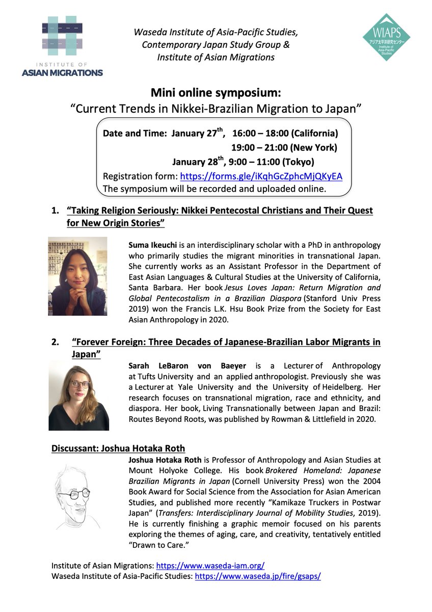 prof_suma's tweet photo. On Jan 27, I'll be presenting at “Current Trends in Nikkei-Brazilian Migration to Japan” with two other amazing scholars who've contributed to this field over the years! Thank you The Institute of Asian Migrations @waseda_univ Registration at https://t.co/YRnGyeA5LR https://t.co/0mJarNpKsP
