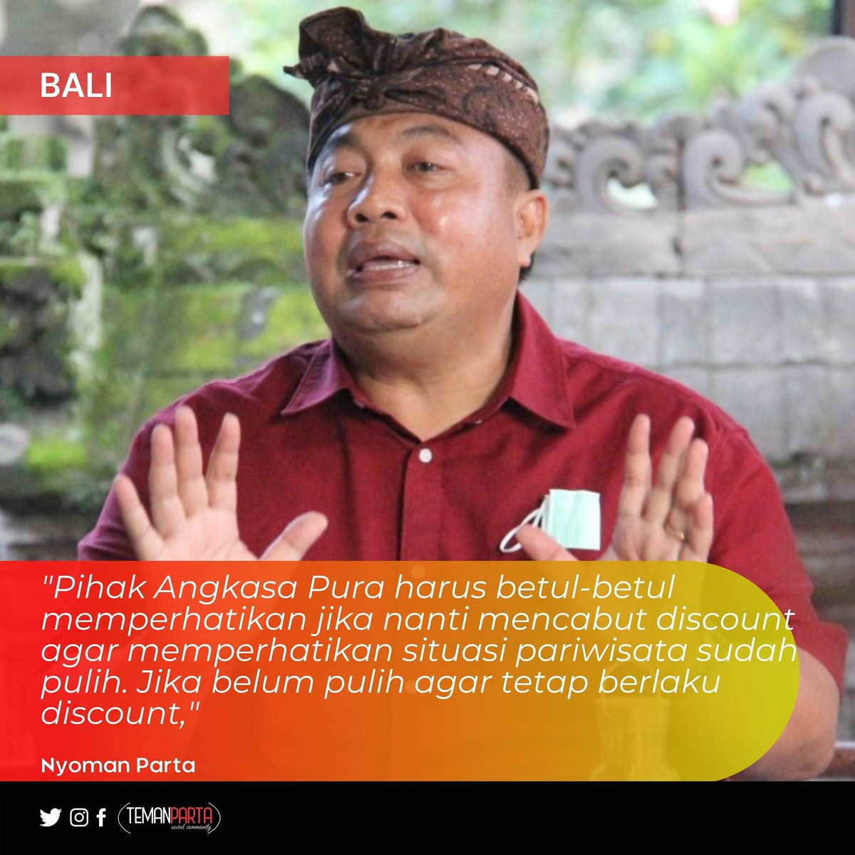 temanparta's tweet photo. Pak Nyoman mengingatkan PAP I untuk memilih momentum yg tepat jika nanti mencabut kebijakan diskon tarif parkir itu. Momentum yg dimaksud Pak Man adalah saat pariwisata Bali sudah pulih. 

https://t.co/i5QeuxmEUc

#nyomanpartash @DPR_RI #komisi6dprri @PDI_Perjuangan #temanparta https://t.co/ncqufqTe8H