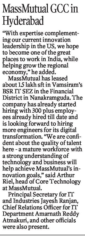 MinisterKTR's tweet photo. MassMutual to set up Rs 1,000 crore global facility in Hyderabad

US-based ‘Fortune 500’ life insurer Massachusetts Mutual Life Insurance Company announces launch of its @massmutual Global Capability Center (GCC) in Hyderabad as it entered India. 

https://t.co/TpAM2gFaRw https://t.co/MPQXC2Cj8N