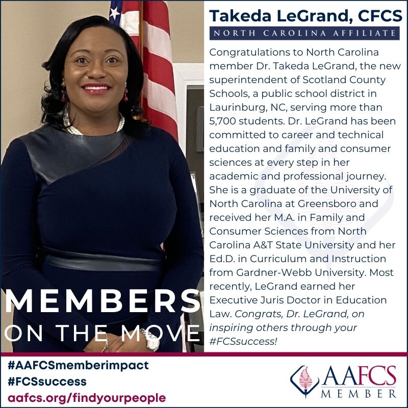 aafcs's tweet photo. A new year and a new #AAFCS story of #FCSsuccess to usher in our first #MemberMonday of 2021 celebrating #NCAFCS member Dr. Takeda LeGrand! @gardnerwebb @ncatsuaggies @uncg1891 https://t.co/4xtaovav9e