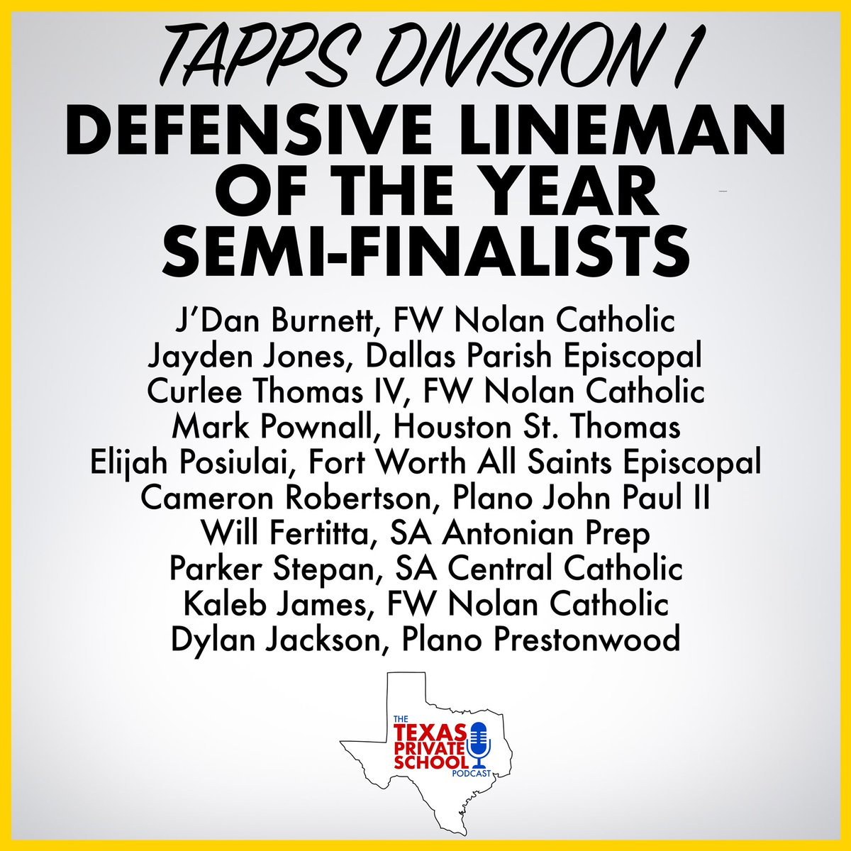 TXPSMedia's tweet photo. DIVISION 1
DEFENSIVE LINEMAN OF THE YEAR

@JDanBurnett1 
@bgbjayden 
@CurleeIv 
@markpownall
@elijahposiulai 
@cam_robertson9 
@FertittaWill 
@ParkerStepan 
@kalebeazyflex1 
@DylanAj4170 https://t.co/cxk58VNex5