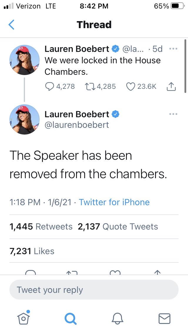 JaclynEllwein's tweet photo. @RepBoebert Says the person who live tweeted to these same rioters the whereabouts of members of Congress during the invasion https://t.co/a46DDUmRgb
