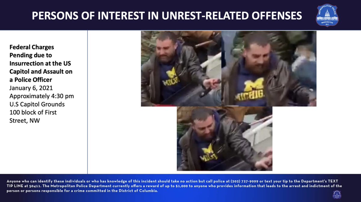 Here's a third individual identified by MPD as possibly being involved in assaulting a police officer. He can be seen clearly on video at the west-side incident first battling officers with a baton, then putting on a riot helmet taken from a fallen officer.