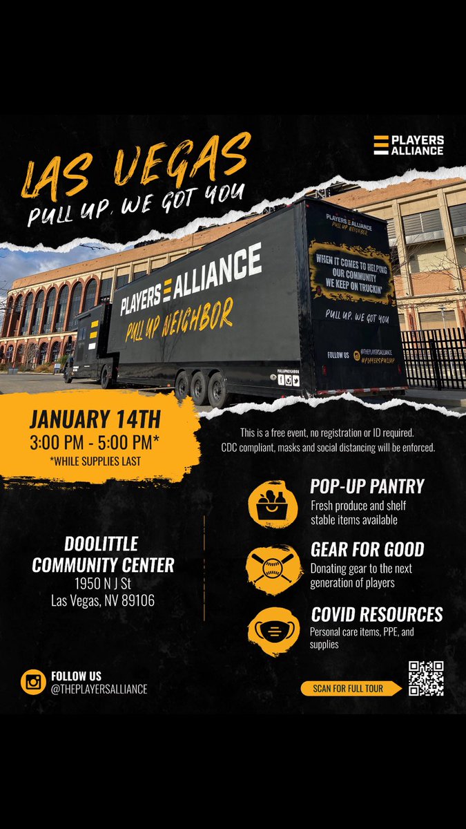 WillMcCurdyII's tweet image. On Thursday, January 14th we will be teaming up with the @Player_Alliance to give away groceries, sports gear for the youth and PPE supplies. The event will be held at the Doolittle Community Center from 3:00 PM- 5:00 PM, we hope to see you there! #LasVegas #playersalliance
