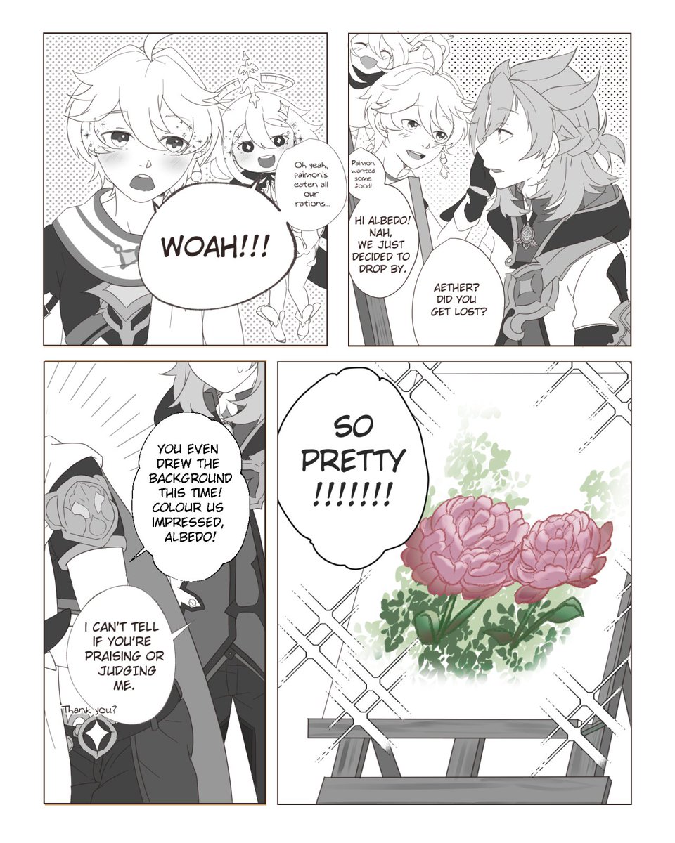 REPOSTING ASDKFLHAS

albedo/aether but make it shoujo manga 💞

i've been thinking of albedo-specific pickup lines and settled on this. it's cheesy af. 

(note: read from right to left; the flowers are peonies 🌸)

#空
#アルベド
#GenshinImpact 
#原神 